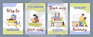 Set of posters with educational concept with studens reading book in flat