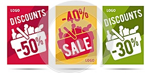 Set of posters for grocery store with market shopping basket pictogram full of meal and food, simple mordern graphic leaflet with