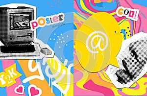 Set of posters with grunge collage elements. Retro banner template with old PC. Stylish 90s advertising design. Vector