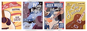 Set of posters with guitars vector flat illustration. Collection flyer templates of live music, rock festival and blues