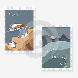 Set of posters with  minimalist landscape design. Seascape with mountains, sand, water
