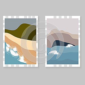 Set of posters with  minimalist landscape design. Seascape with mountains, sand, water.