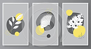 Set of posters in minimalistic modern style with flowing, abstract shapes, textured plant leaves. You can add text