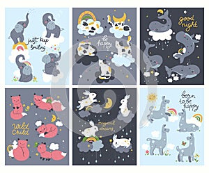 A set of posters for the nursery with cute animals. Vector graphics
