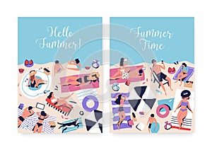 Set of posters with people on beach vector flat illustration. Man, woman, children, couples and dog sunbathing, surfing