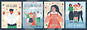 Set of posters with positive emotion people flat style, vector illustration