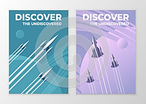 Set of posters in retro style spaceships explore space