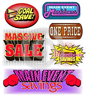 set of posters in the style of pop atr on the topic of sales, promotion, savings and pocket savings
