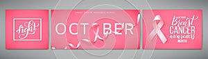 Set of posters for world breast cancer awareness month in october. Realistic pink ribbon symbol. Vector . photo