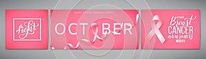 Set of posters for world breast cancer awareness month in october. Realistic pink ribbon symbol. Vector .