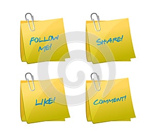Set of posts. like, follow, share and comment