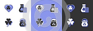 Set Pot of gold coins, Heart with clover trefoil leaf, Clover and Money bag icon. Vector