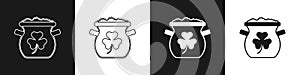 Set Pot of gold coins icon isolated on black and white background. Happy Saint Patricks day. National Irish holiday