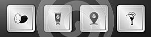 Set Potato, Organic cosmetic, Vegan food diet and icon. Silver square button. Vector