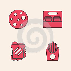 Set Potatoes french fries in box, Cookie or biscuit, Coffee cup go and Sandwich icon. Vector