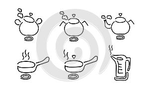 Set pots, pans and kettles linear icons