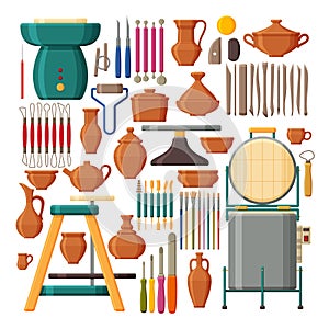 Set of pottery tools and equipments. Collection of clay tableware. Muffle furnace and pottery wheel.