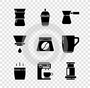 Set Pour over coffee maker, Coffee cup to go, turk, machine, Aeropress, V60 and Bag beans icon. Vector