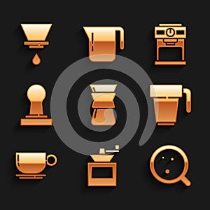 Set Pour over coffee maker, Manual grinder, Coffee cup, tamper, machine and V60 icon. Vector