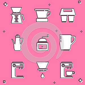 Set Pour over coffee maker, V60, Coffee cup to go, Teapot, Manual grinder, machine and icon. Vector