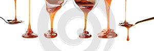 Set with pouring caramel sauce onto background. Banner design