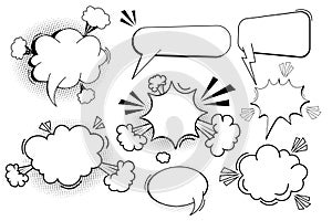 Set pow bubble speech comic expression frame cartoon doodle isolated on white background. Boom explode effect, halftone