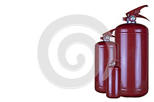 A set of powder fire extinguishers of different volumes with a pressure gauge on a white background