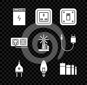 Set Power bank, Electrical outlet, light switch, plug, Light bulb, Battery, and Wind turbine icon. Vector