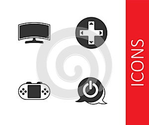Set Power button, Computer monitor, Portable video game console and Game controller joystick icon. Vector