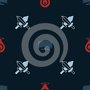 Set Power button, Computer monitor and Sword for game on seamless pattern. Vector