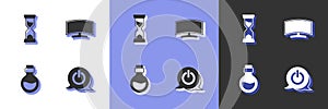 Set Power button, Old hourglass, Bottle with magic elixir and Computer monitor icon. Vector