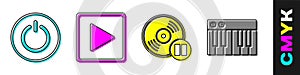 Set Power button, Play in square, Vinyl disk and Music synthesizer icon. Vector