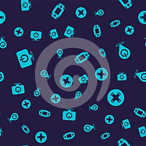 Set Power button, Portable video game console and Game controller joystick on seamless pattern. Vector