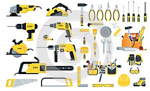 Set of power tools in yellow and black color. Home repair.