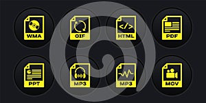 Set PPT file document, PDF, MP3, , HTML and GIF icon. Vector