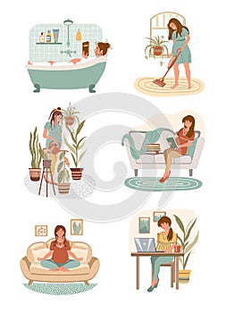 Set of pregnant women doing different home activities: working, studying, watering, cleaning, takes a bath, meditating, reading