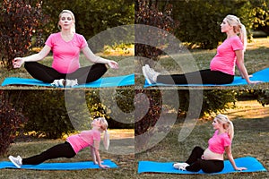 Set of pregnant yoga exercises at nature