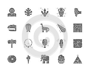 Set of Prehistoric Age Gray Icons. Tropical Palm Leaf, Dinosaur, Meteorite, Primitive Axe, Torch Flame, Mammoth and more