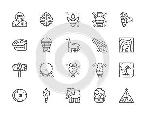 Set of Prehistoric Age Line Icons. Neanderthal, Dinosaur, Primitive Axe and more