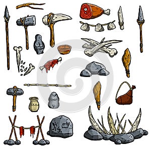 Set of prehistoric caveman items for hunting. Trap for animal, stone axe or hammer, spear, raw meat