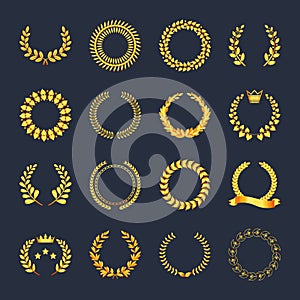 Set premium quality golden laurel wreath gold silhouette leaves