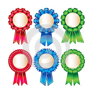 Set of premium rosettes in red, green, blue. Champion, award.