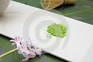 Set for preparing matcha tea, green leaf