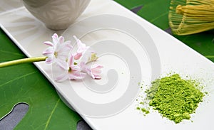 Set for preparing matcha tea, green leaf