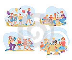 Set of preschool or kindergarten kids activities vector illustration isolated