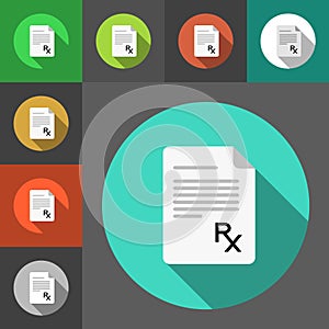 Set of prescription paper icons with Rx sign. Rx sign as a prescription symbol. Flat style icons. Prescription papers.