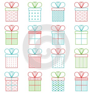 Set of present or gift boxes. Outline vector icon. 3d effect