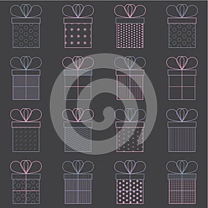 Set of present or gift boxes. Outline vector icon. Bright colors. Celebration concept