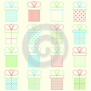 Set of present or gift boxes. Outline vector icon. Bright colors. Celebration concept. Seamless pattern