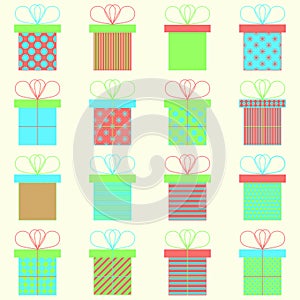 Set of present or gift boxes. Vector icons. Bright colors. Celebration concept. Seamless pattern